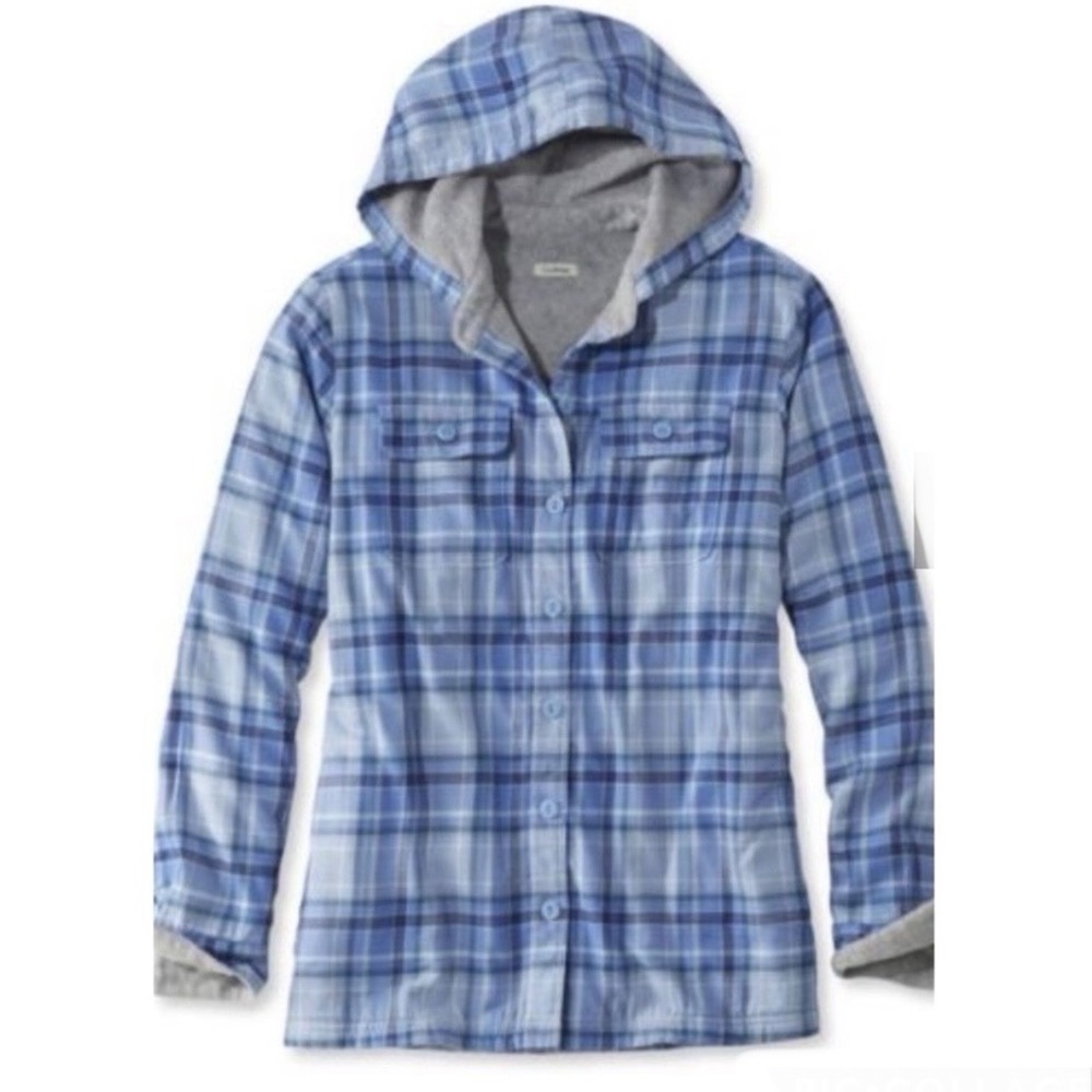 LL Bean Blue Plaid Sherpa Lined Flannel Hoodie Shirt Jacket Shacket Pockets 3X